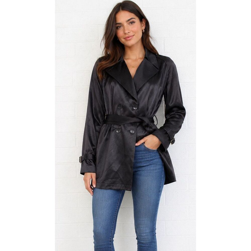 Bebe 2 4 6 S M Jet Black Duchess Satin Sleek Belted Pockets Trench Coat Jacket